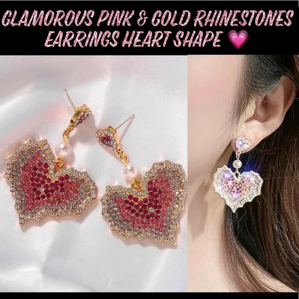 Glamorous Pink & Silver Rhinestones Earrings Heart Shape